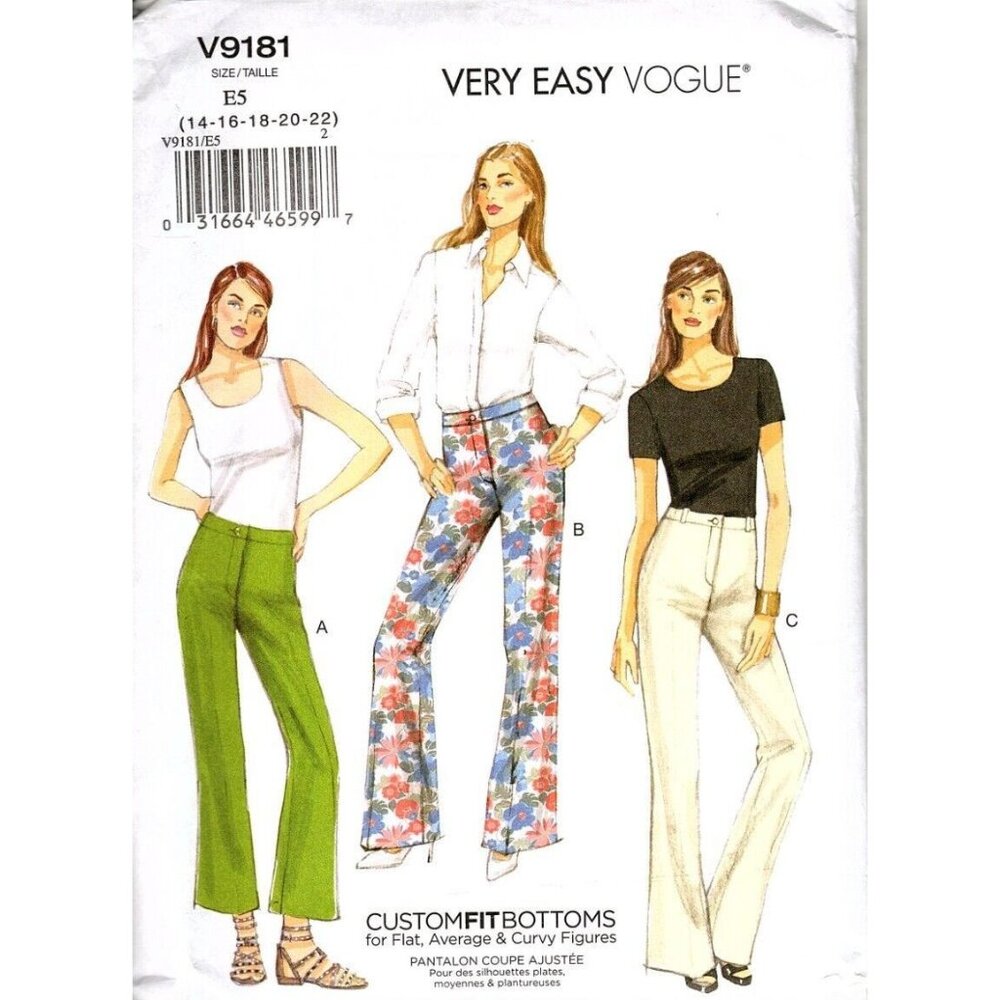 Vogue V9181 Misses 14 to 22 Mid Rise Boot Cut Pants Uncut Sewing Pattern